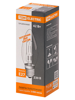 Лампа галогенная "Свеча" прозрачная 42 Вт-230 В-Е27 TDM