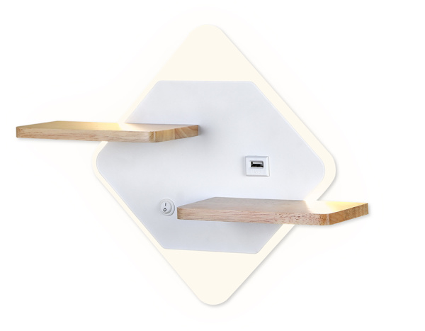 Настенный светодиодный светильник с выключателем, USB и полкой FW100 WH/WD белое/дерево LED 3000K/4200K/6400K 12W 340*250*105 Ambrella Light