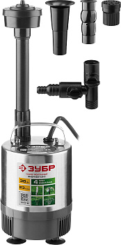 Насос фонтанный, ЗНФЧ-23-1.9-C, нерж сталь, для чистой воды, напор 1,9 м, насадки: колокольчик, гейзер, каскад, 38 Вт, 23 л/мин ЗУБР Насос фонтанный, ЗНФЧ-23-1.9-C, нерж сталь, для чистой воды, напор 1,9 м, насадки: колокольчик, гейзер, каскад, 38 Вт, 23 л/мин ЗУБР