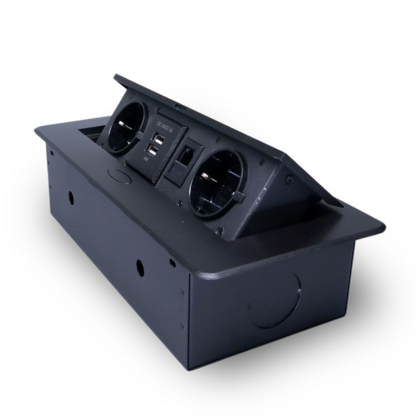 Розетка горизонтальная выдвижная 2 Euro 16А, 2 USB A с блоком 5В/2.1А, RJ45 RocketSocket, проводка, цвет черный Розетка горизонтальная выдвижная 2 Euro 16А, 2 USB A с блоком 5В/2.1А, RJ45 RocketSocket, проводка, цвет черный