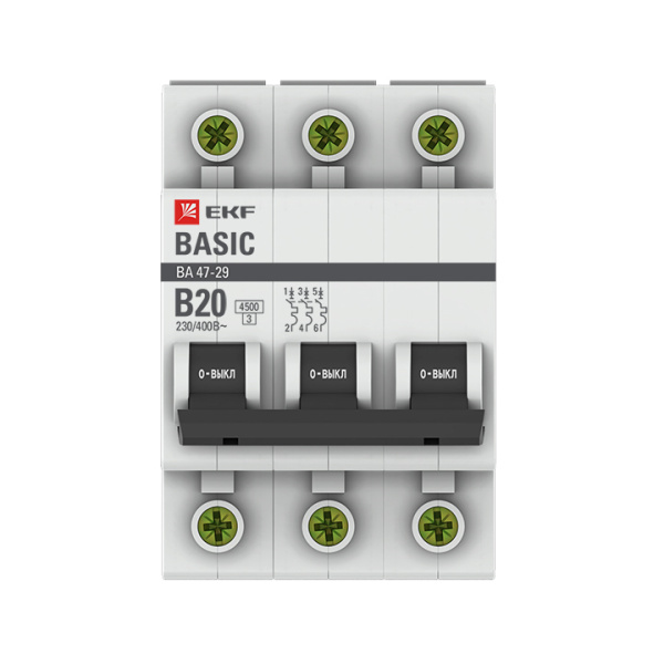 Выключатель автоматический ВА МОД 3П 20А В 4,5кА Basic EKF