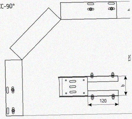 Лоток перфорированный КС 150х65-90 УТ1,5 для поворота трассы вниз на 90, горячее цинкование, S1,5