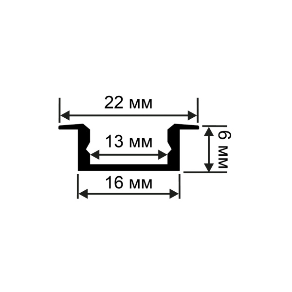 GM-08-02 Профиль алюминиевый для светодиодной ленты, анод., встраиваемый, серебро, 22х6мм, 2м, шир. ленты до 12мм, индивидуальная упаковка (рассеивате
