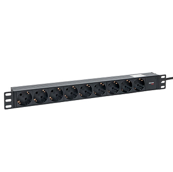 Блок розеток PDU TERACOM PRO 19" 1U 10А/250В 9 розеток Schuko шнур питания длиной 2 метра сечение 3x1,5 мм2 вилка C14 корпус пластик черный EKF