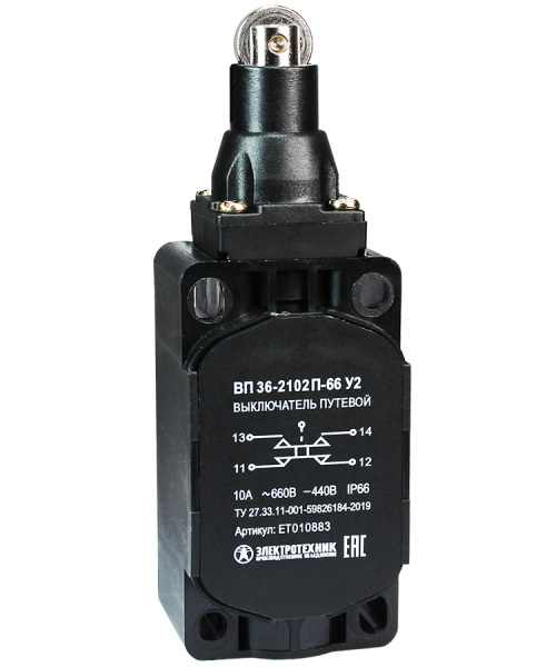 Выключатель путевой ВП 36-2102П-66 У2, толкатель с роликом, 1з+1р, безинерционный, 30х60 мм, без сальника, 3А, IP66 Электротехник
