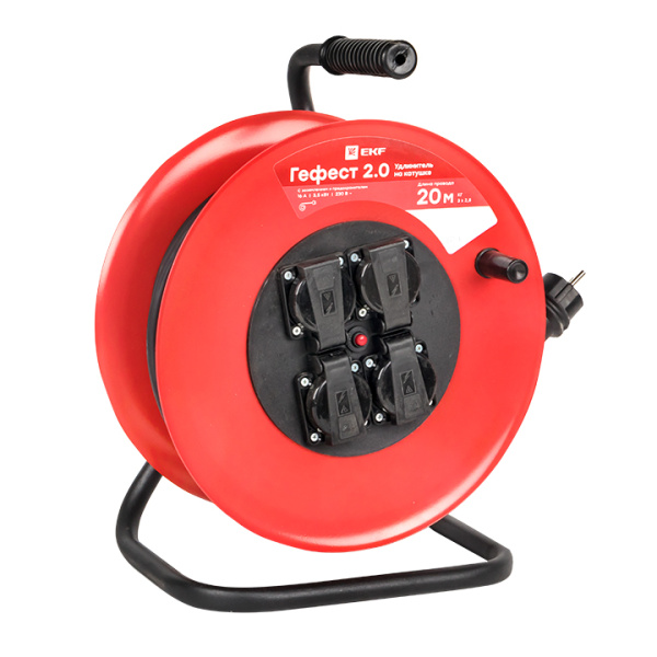 Удлинитель на катушке "Гефест 2,0" 4 гнезда 20м с заземлением и предохранителем КГ 3*2,5 16А/3,5кВт IP44 PROxima EKF