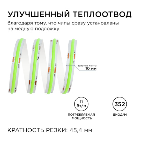 184ОО Общее освещение светодиодной лентой 2м, 24В, 11Вт/м, COB, 352д/м, IP20, зел APEYRON