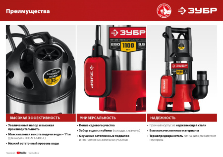 Дренажный насос для грязной воды, корпус - нерж. сталь, 1100 Вт ЗУБР Дренажный насос для грязной воды, корпус - нерж. сталь, 1100 Вт ЗУБР