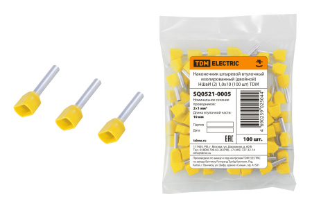 Наконечник штыревой втулочный изолированный (двойной) НШвИ (2) 1,0х10 желтый (100 шт) TDM