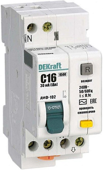 Дифференциальный автоматический выключатель АВДТ 1Р+N 16А 30мА тип AC х-ка С ДИФ-102 нов. 4,5кА
