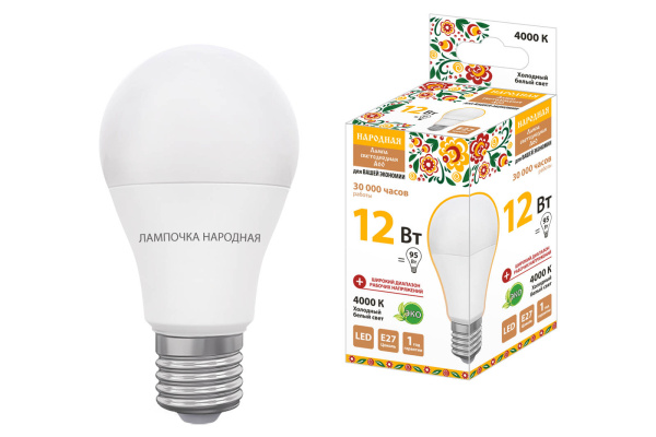 Лампа светодиодная НЛ-LED-A60-12 Вт-230 В-4000 К-Е27, (60х108 мм), Народная TDM