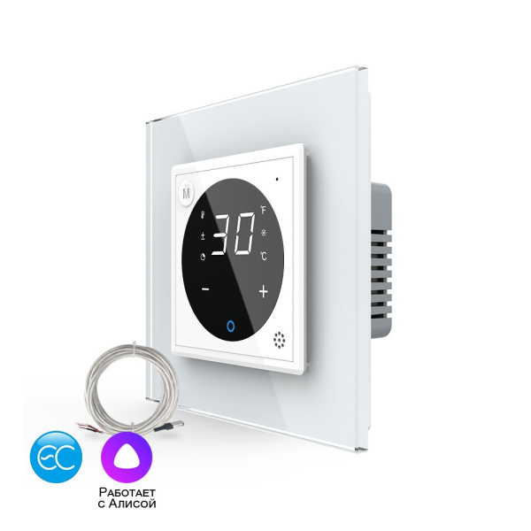 Умный терморегулятор пола EC 16А, сенсорное управление, датчик воздуха, датчик пола 5 метров, 1 пост, цвет белый Livolo