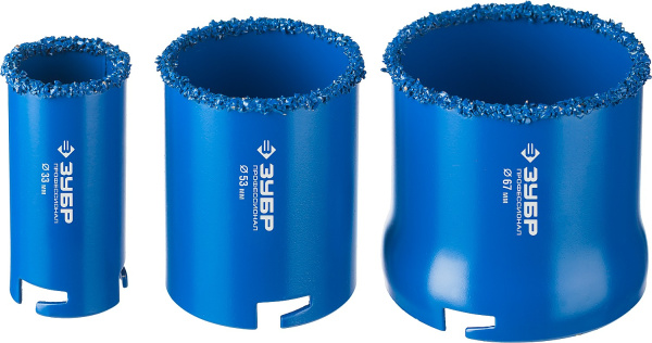 Набор кольцевых коронок "Профессионал" c карбид-вольфрамовым нанесением, 5 предм. в блистере: коронки d 33, 53, 67 мм, основание, сверло ЗУБР