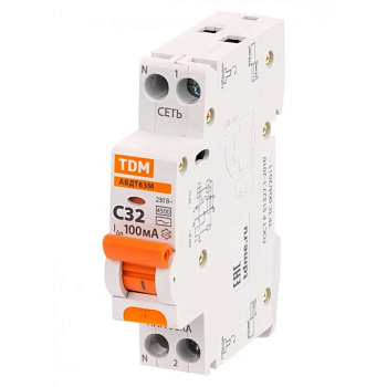 Дифференциальный автоматический выключатель АВДТ 63М 2П (1П+N) 32А С 100мА 4,5кА тип АС TDM