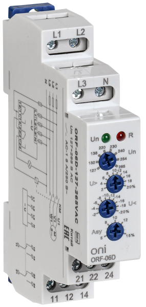Реле контроля фаз ORF-06D 3 фазы 2 контакта 127-265В AC с контролем нейтрали ONI