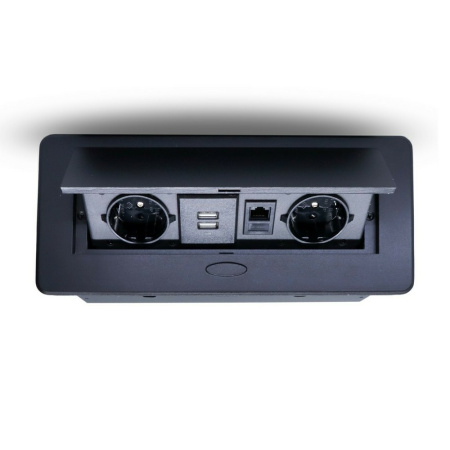 Розетка горизонтальная выдвижная 2 Euro 16А, 2 USB A с блоком 5В/2.1А, RJ45 RocketSocket, проводка, цвет черный