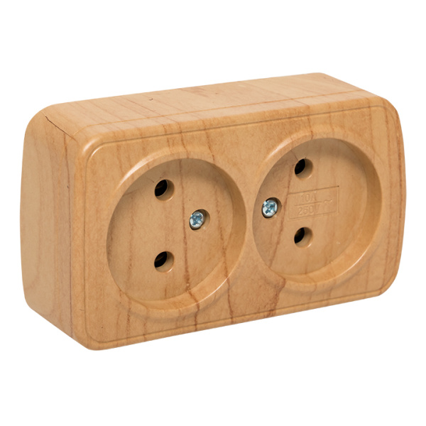 Минск Розетка 2-местная ОП 10А без заземления светлое дерево EKF Минск Розетка 2-местная ОП 10А без заземления светлое дерево EKF