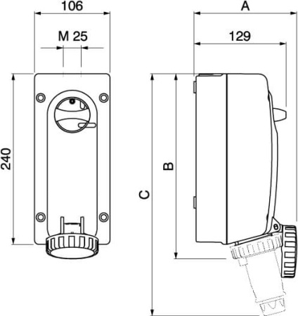Розетка настенная с механической блокировкой и боковым расположением разъема IP67 32А 2P+E 230В DKC