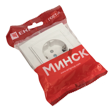 Минск Розетка 1-местная СП с/з 16А белая с защ, штор, с USB 1А EKF