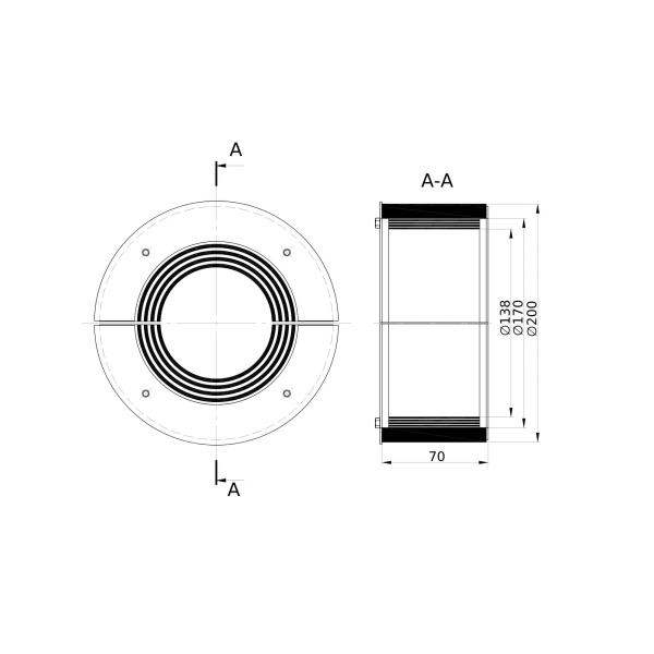 Проходка круглая, нержавеющая, D200х70 мм для кабелей D = 138-170 мм DKC