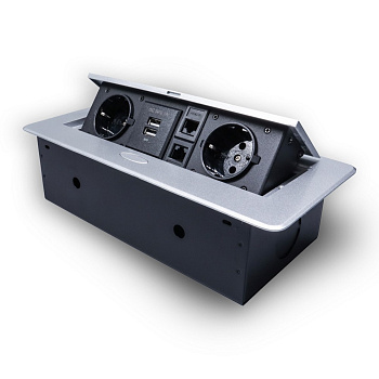 Розетка горизонтальная выдвижная 2 Euro 16А, 2 USB A с блоком 5В/2.1А, 2 RJ45 RocketSocket, проводка, цвет серый