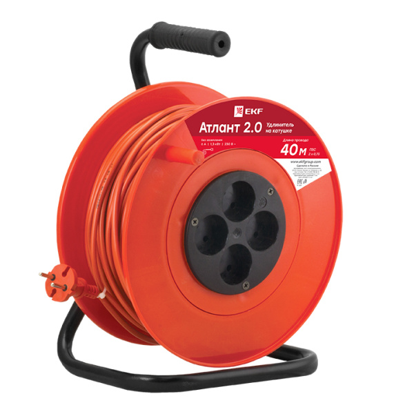 Удлинитель на катушке "Атлант 2,0" 4 гнезда 40м без заземления ПВС 2*0,75 6А/1,3кВт PROxima EKF
