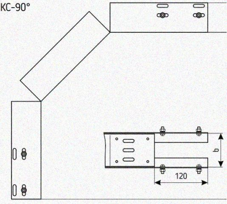Лоток перфорированный КС 250х150-90 УТ1,5 для поворота трассы вниз на 90, оцинкованный лист, S1,5
