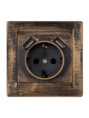 Розетка 2П+З 16А 250В + 2 USB порта 2,1А 5В старинная бронза "Лама" TDM