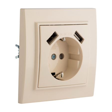 Минск Розетка 1-местная СП с/з 16А бежевая с защ, штор, с 2 USB 2,1А EKF