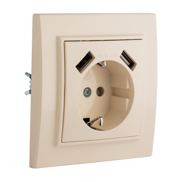 Минск Розетка 1-местная СП с/з 16А бежевая с защ, штор, с 2 USB 2,1А EKF