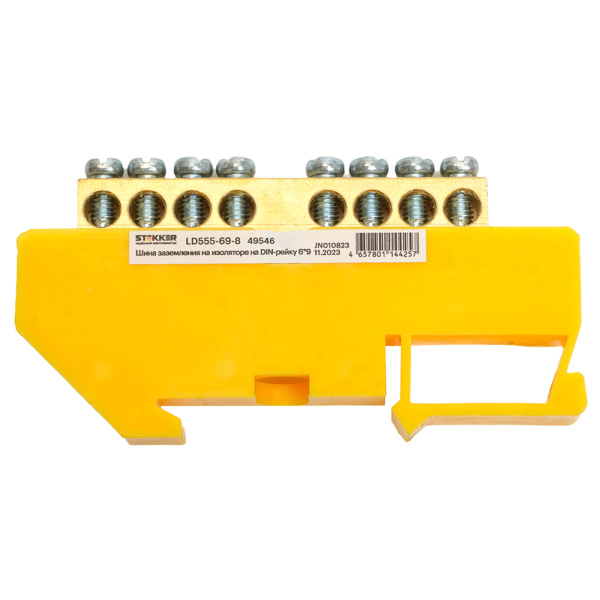 Шина "PE" на изоляторе STEKKER 6*9 на DIN-рейку 8 выводов, желтый, LD555-69-8