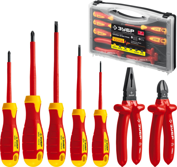 Набор: Губцевый инструмент, диэлектрический, высоковольтный до ~1000В, маслобензостойкая рукоятка, 7предм, Профессионал 2214-H7 ЗУБР