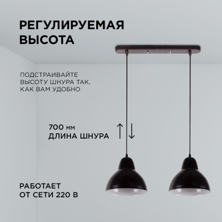 16-67 (2019/2) Светильник декоративный, подвесной, 230В/50Гц, 2хЕ27, мах 40Вт, 485х700х205мм, IP20, металл, чёрный, крепление на планку, лампа в комле