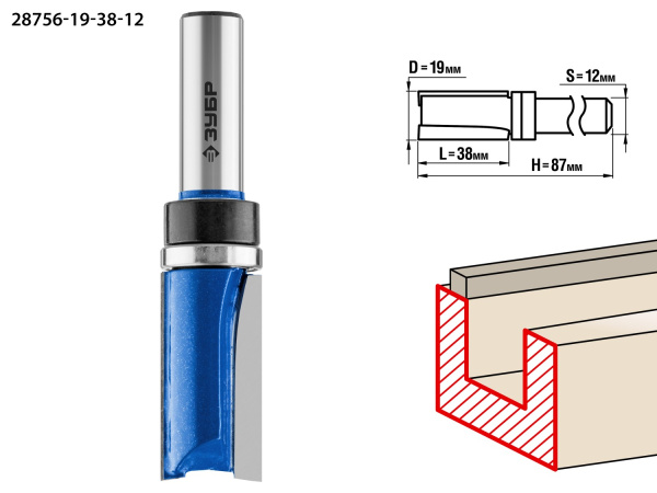 19x38мм, хвостовик 12мм, фреза пазовая прямая с верхним подшипником ЗУБР