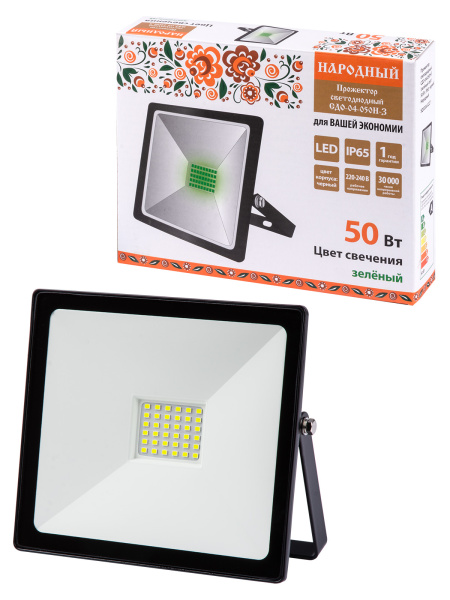 Прожектор светодиодный СДО-04-050Н-З (зелёный свет) 50 Вт, IP65, черный, Народный TDM