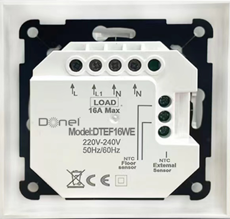 Donel Термостат с датчиком пола, с недельным программированием, 16 A, 55*55 мм., белое стекло, серия DTEF