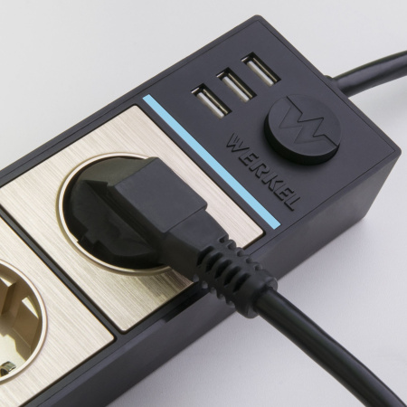 Розеточный блок 4-х местный + 3 USB черный/шампань рифленый Werkel