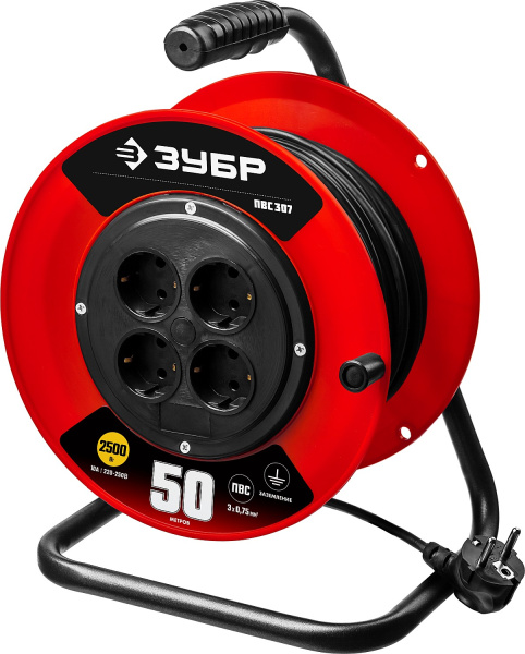 Удлинитель на катушке ПВС 3х0.75 50м 2200Вт, ПВС 307 ЗУБР