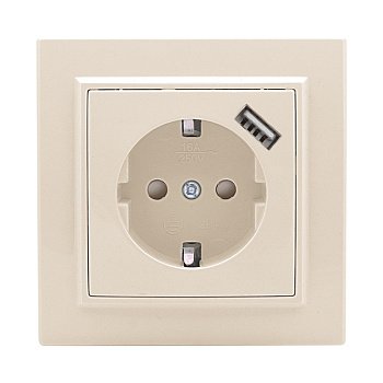 Минск Розетка 1-местная СП с/з 16А бежевая с защ, штор, с USB 1А EKF