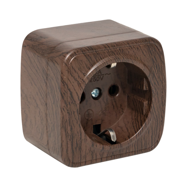 Минск Розетка 1-местная ОП 16А с заземлением тёмное дерево EKF Минск Розетка 1-местная ОП 16А с заземлением тёмное дерево EKF