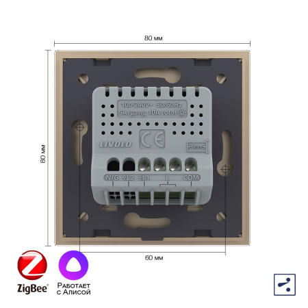 Одноклавишный проходной умный сенсорный выключатель Livolo ZigBee, 1 пост, Золотой VL-C701SZ-2AG