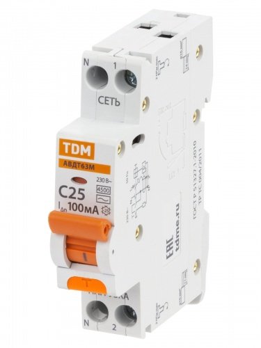 Дифференциальный автоматический выключатель АВДТ 63М 2П (1П+N) 25А С 100мА 4,5кА тип АС TDM фото 2