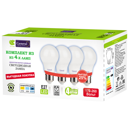 GLDEN-WA60-12-230-E27-6500 1/10/100 Упаковка 4 шт General