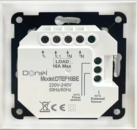 Donel Термостат с датчиком пола, с недельным программированием, 16 A, 55*55 мм., черное стекло, серия DTEF