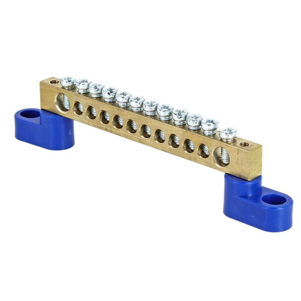 Шина "0" N (6х9мм) 12 отверстий латунь 2 синих угловых изолятора PROxima EKF