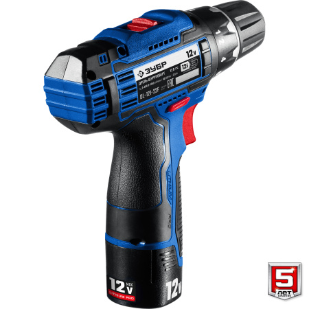 12В + LED фонарь, 2 АКБ (2Ач), в кейсе, дрель-шуруповерт, Профессионал. DL-121-22F ЗУБР