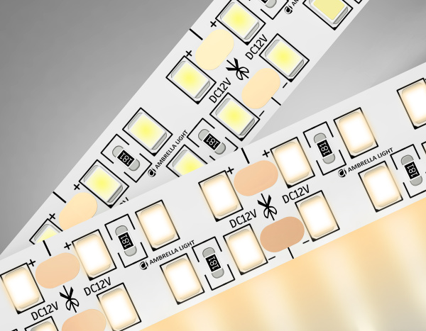 Светодиодная лента двухрядная GS1601 2835 240Led/ 19.2W m/ 12V IP20 3000K/ 5000*14*1.2mm/ кратность резки 25mm (2 конт.) Ambrella Light