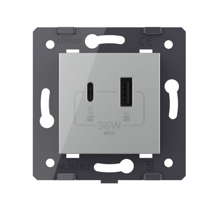 Розетка USB type C+A с блоком питания 36W, цвет серый (механизм) Livolo