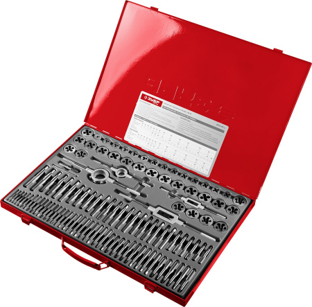 110 предметов, набор метчиков и плашек, сталь 9ХС ЗУБР