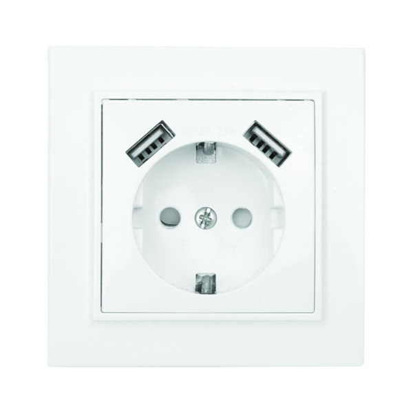 Минск Розетка 1-местная СП с/з 16А белая с защ, штор, с 2 USB 2,1А EKF
